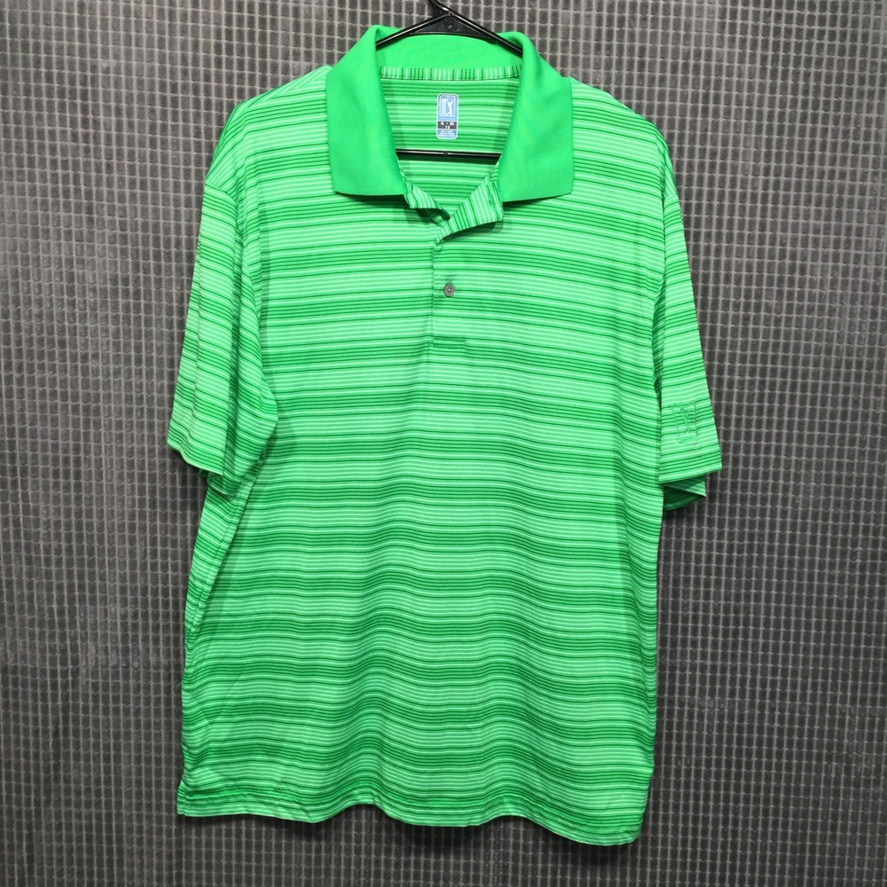 PGA Tour Mens XL Golf Polo Shirt Green Striped Performance‎ Short Sleeve Top